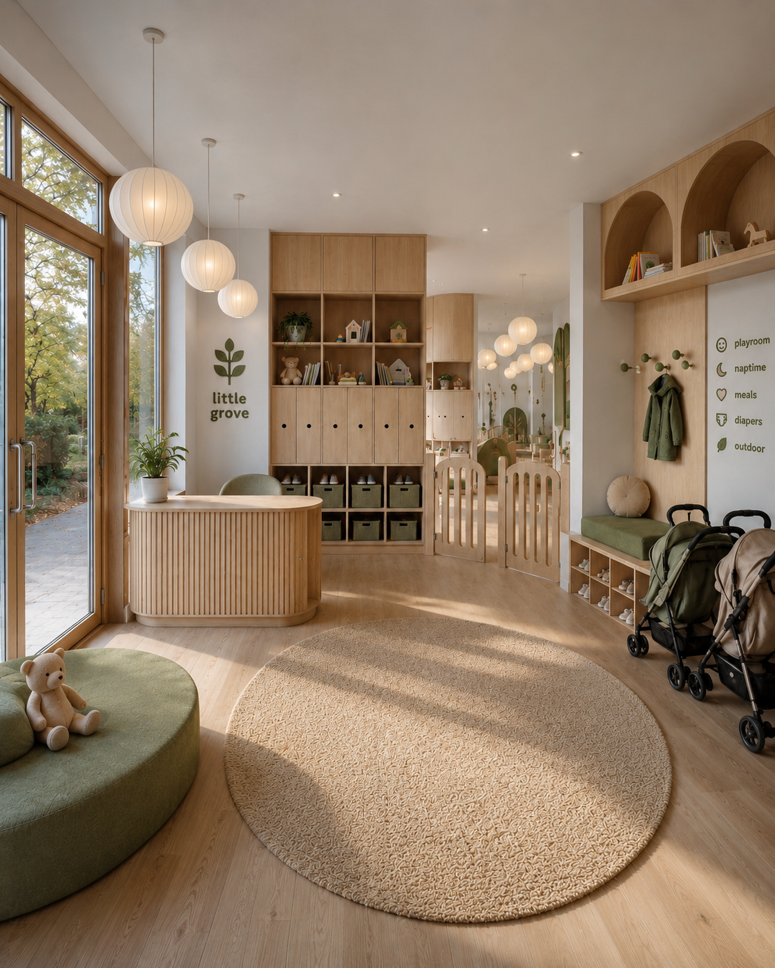 Childcare entry and reception with integrated storage and soft seating