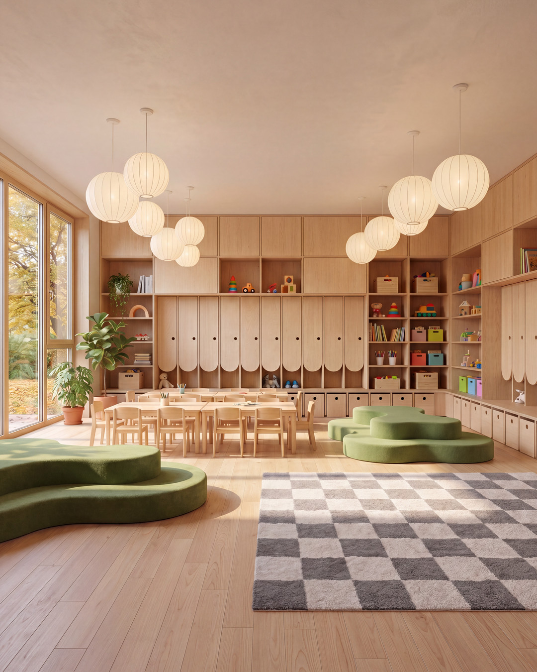 Light-filled childcare classroom with custom wood storage and flexible activity areas