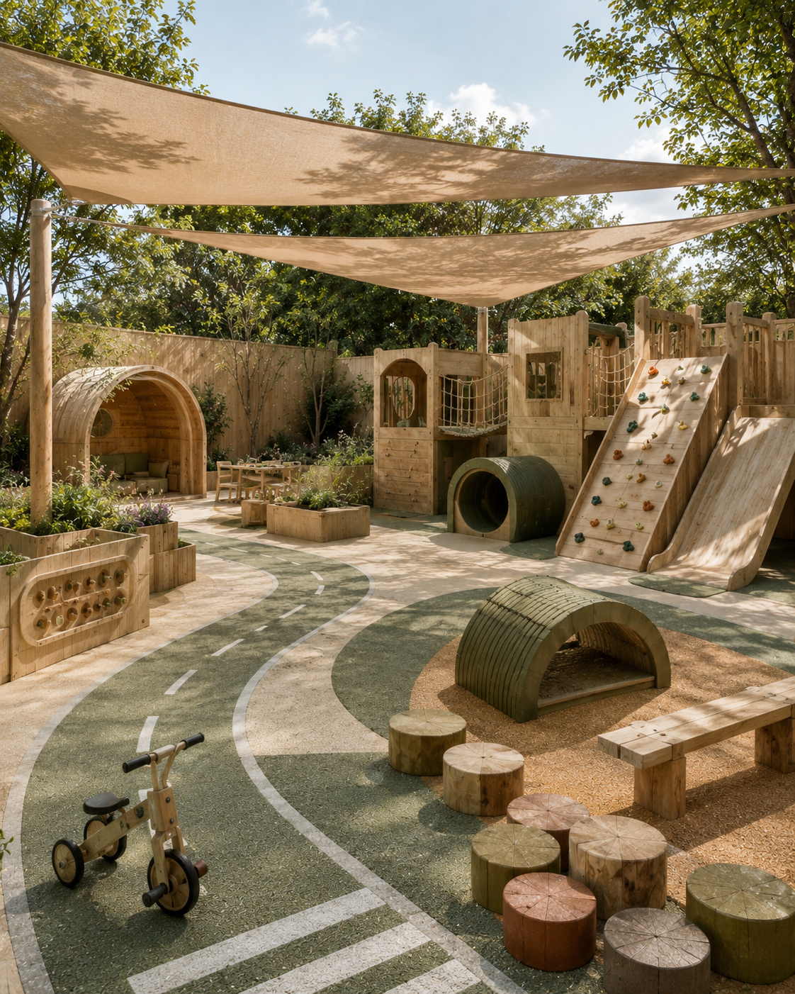 Outdoor childcare play area with natural wood structures, shade sails, and planting