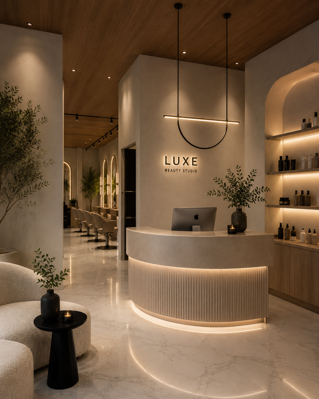 Beauty studio reception with a curved desk, integrated lighting, and product displays