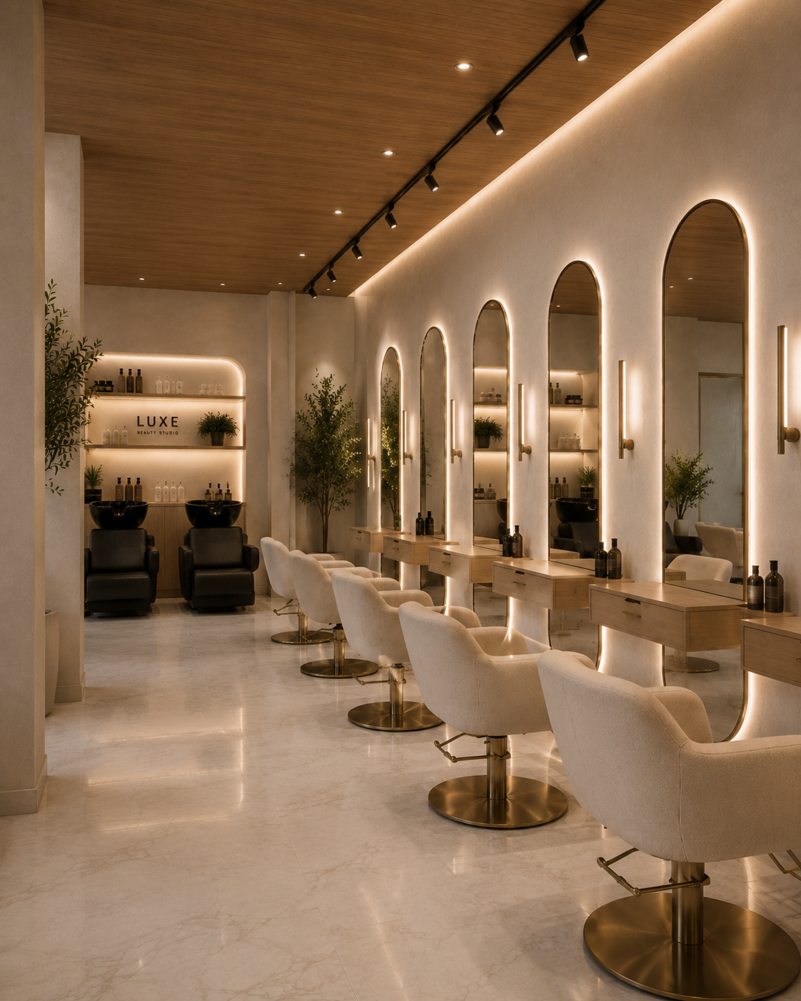 Salon interior with illuminated mirrors, styling stations, and integrated product shelving