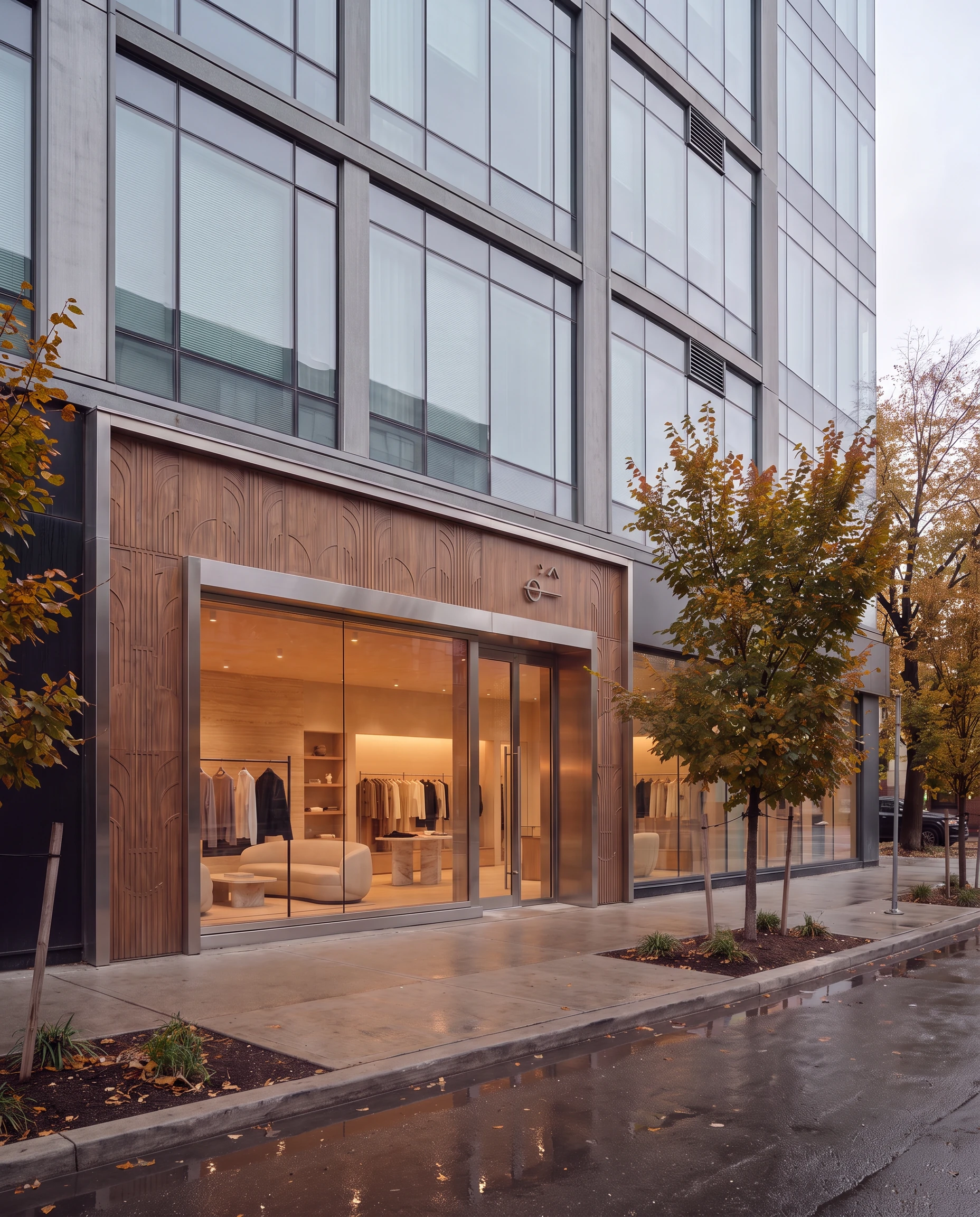 Minimal storefront with warm wood detailing, full-height glazing, and softly illuminated retail displays