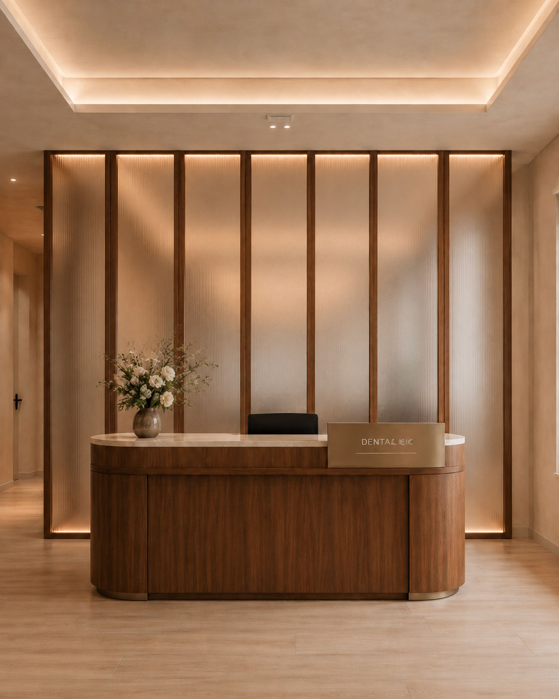 Dental clinic reception with curved walnut millwork and fluted glass
