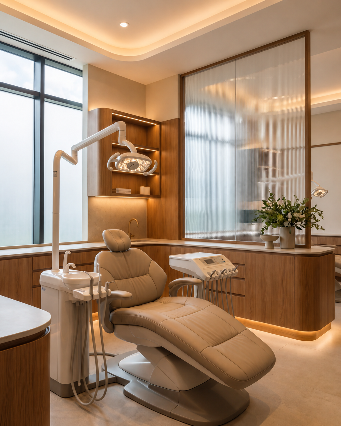 Dental treatment room with integrated millwork and warm indirect lighting
