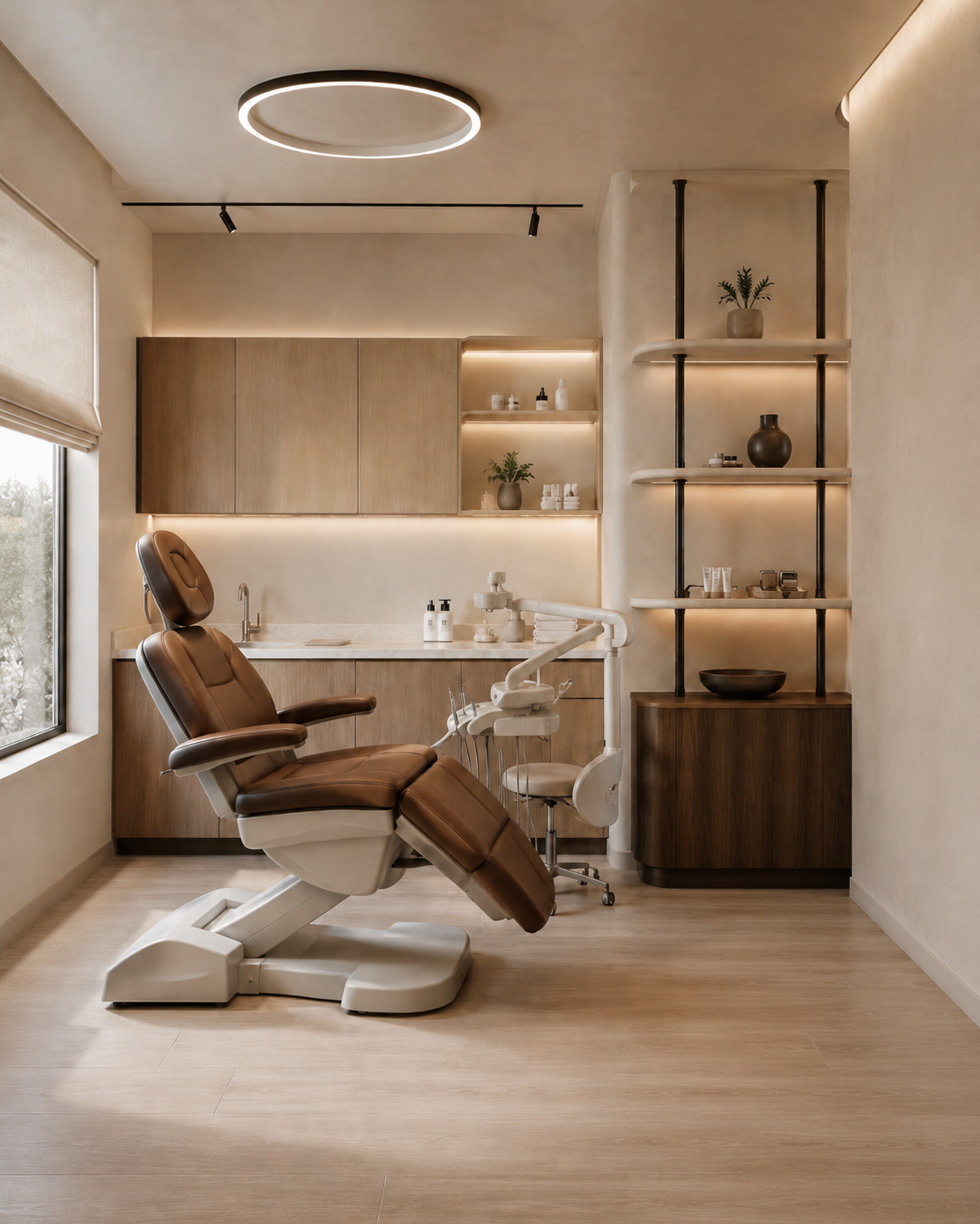 Dental treatment suite with custom cabinetry and display shelving