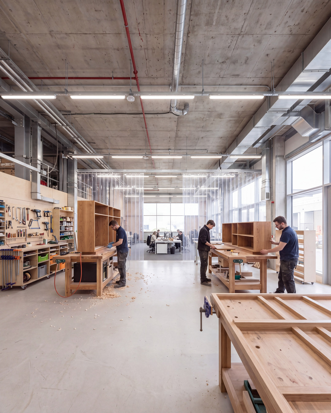 Industrial assembly workshop with flexible work zones and adjacent collaborative space