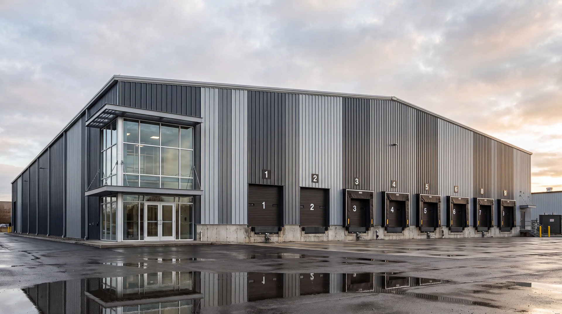 Modern distribution warehouse with multiple loading docks, a glazed office entrance, and a reflective forecourt