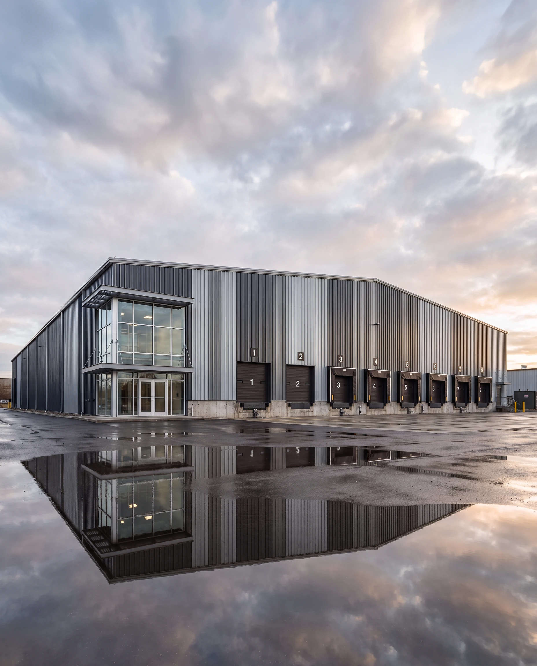 Modern distribution warehouse with multiple loading docks, a glazed office entrance, and a reflective forecourt