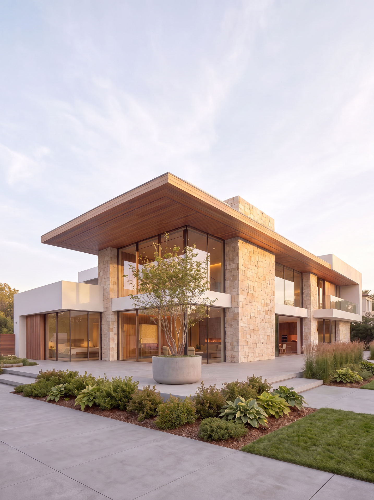 Contemporary stone residence with expansive glazing, deep roof overhangs, and integrated landscaping
