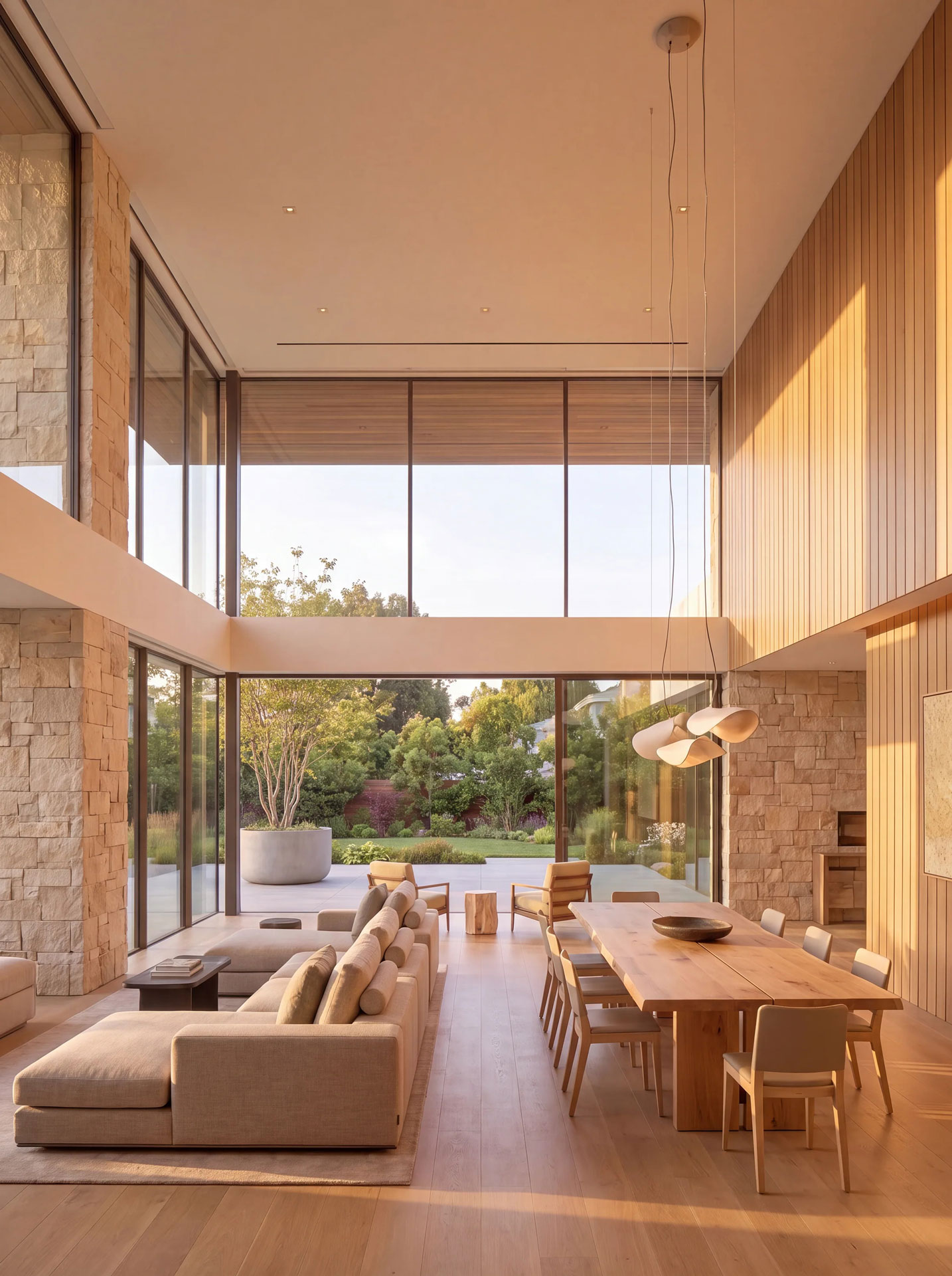 Double-height residential living and dining space with stone walls, warm wood finishes, and garden views