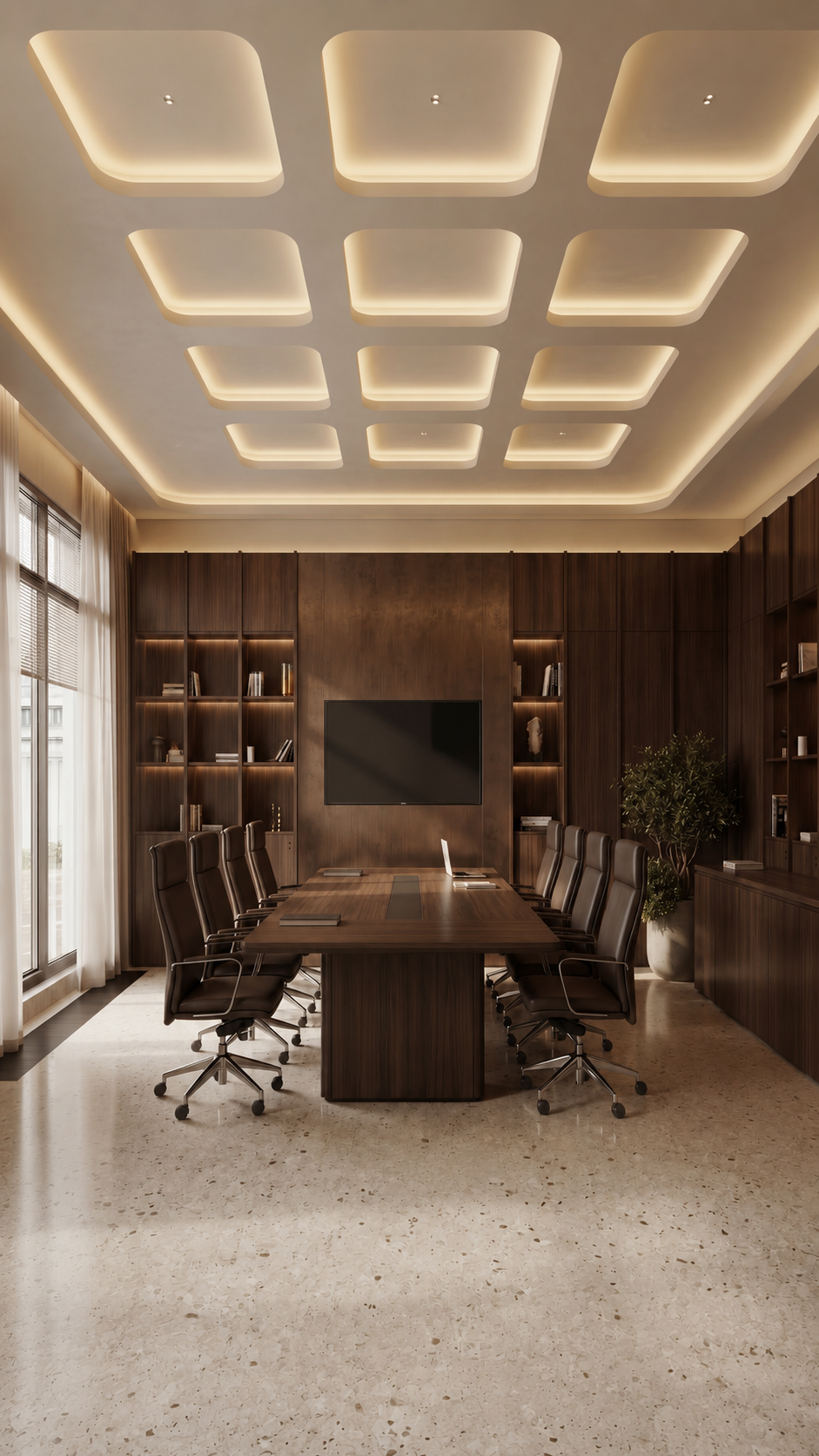 Executive boardroom with walnut millwork and illuminated ceiling coffers